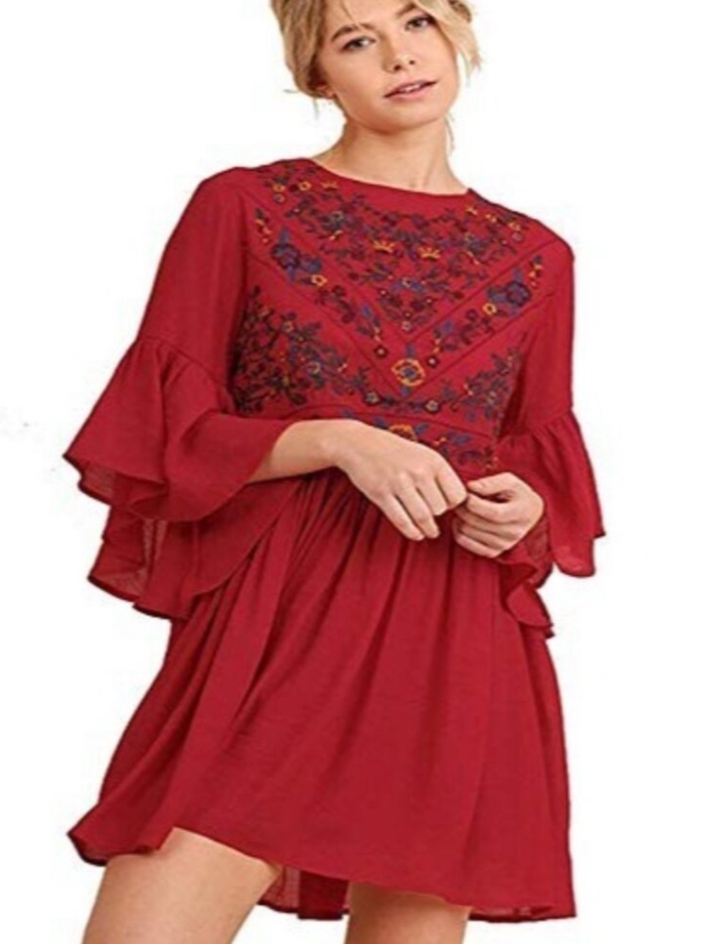 Umgee Red Embroidered Bell-Sleeve Tunic Dress - Picture 3 of 8